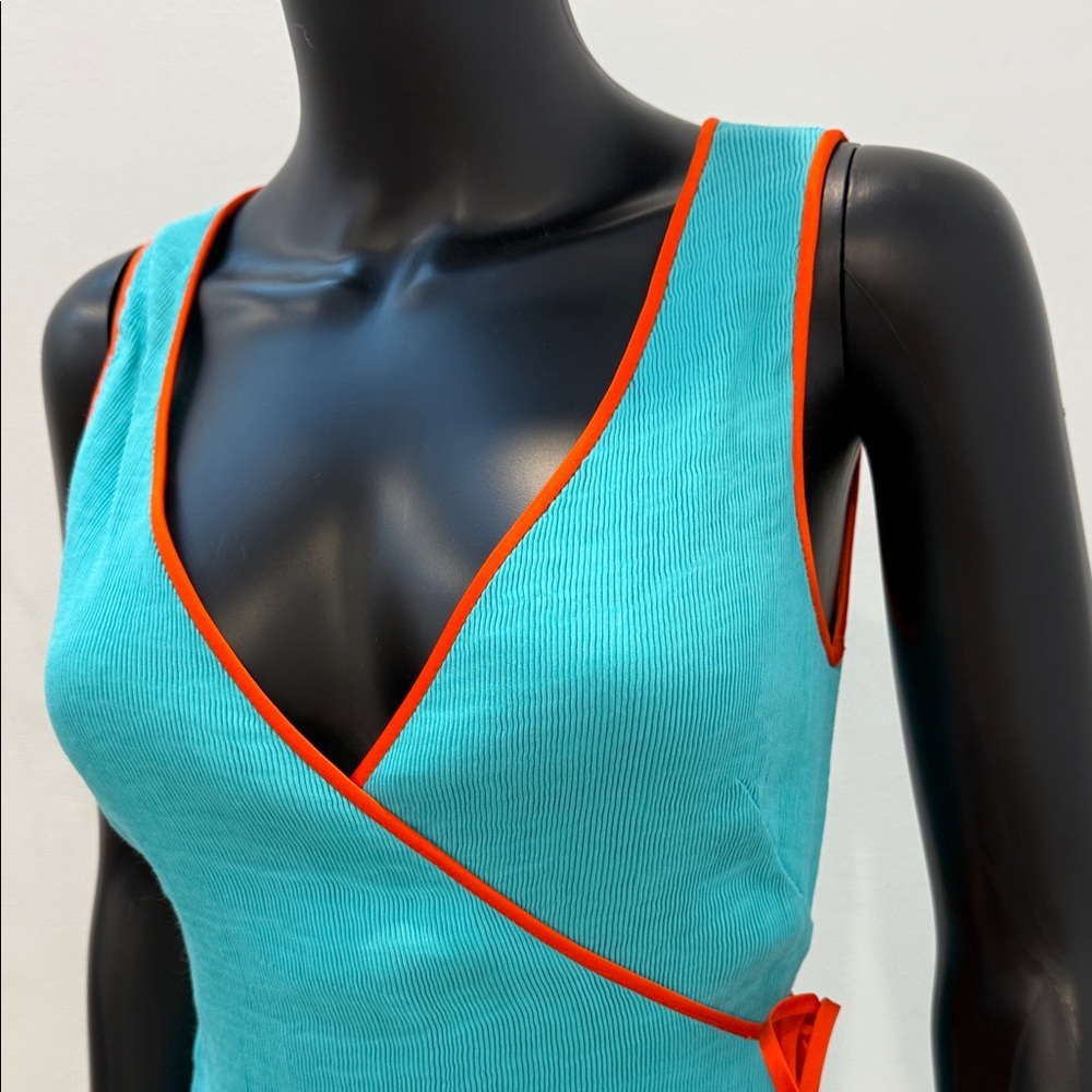 DIANE VON FURSTENBERG Turquoise Wrap Dress Orange Trim trending Luxury DVF 2 NEW - Picture 3 of 11